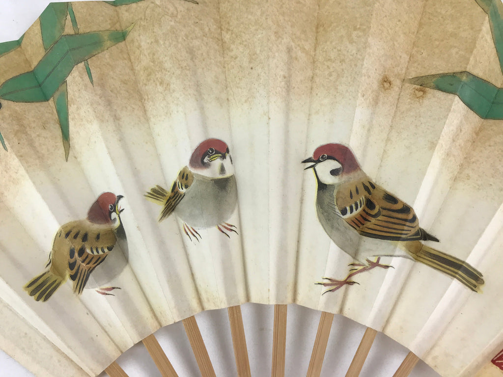 Japanese Folding Fan Sensu Bamboo Frame Kanji characters Sparrows White 4D653