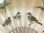 Japanese Folding Fan Sensu Bamboo Frame Kanji characters Sparrows White 4D653
