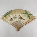 Japanese Folding Fan Sensu Bamboo Frame Kanji characters Sparrows White 4D653