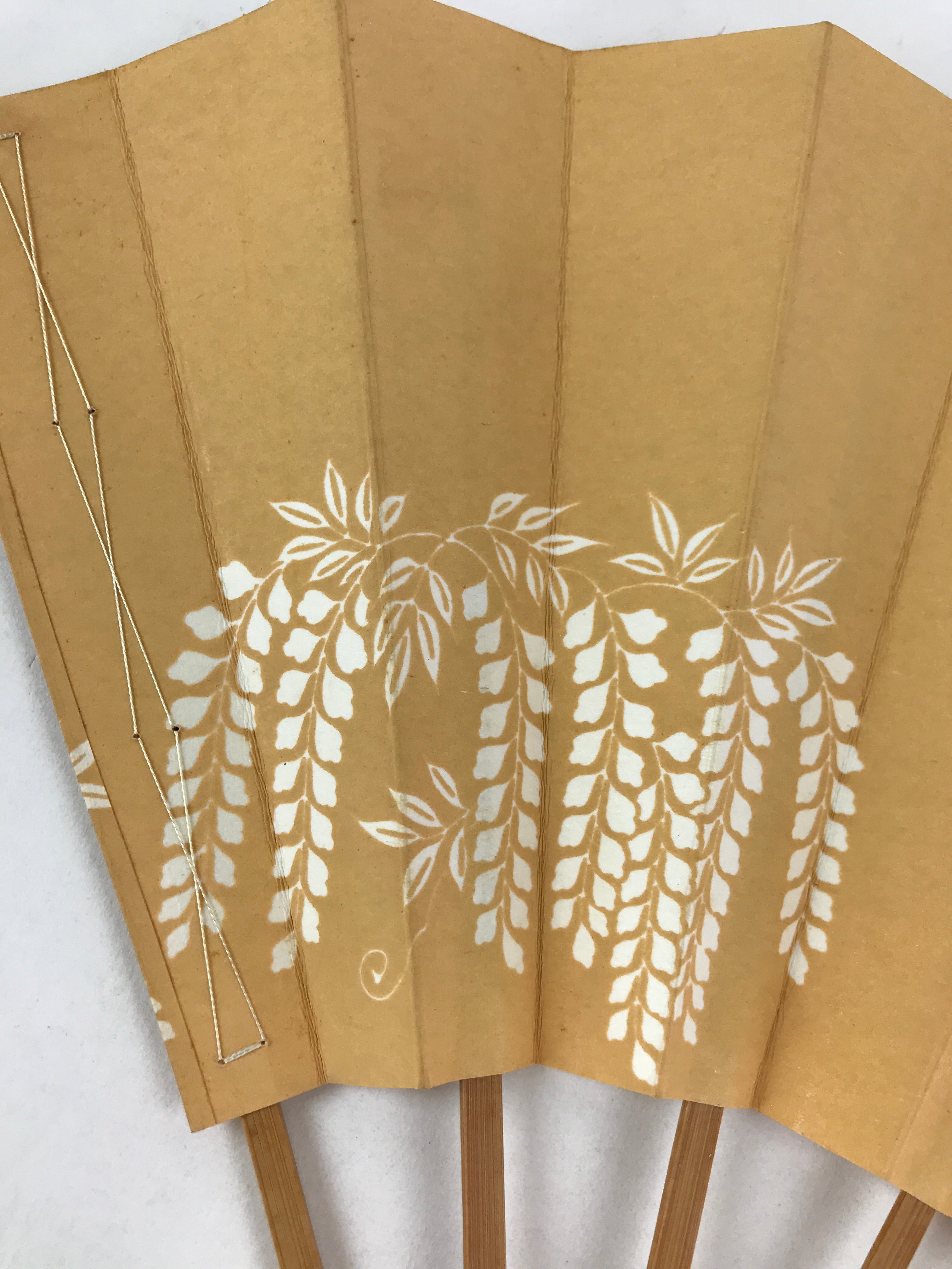 Japanese Folding Fan Vtg Sensu Yellow Fabric Bamboo Frame Komeda