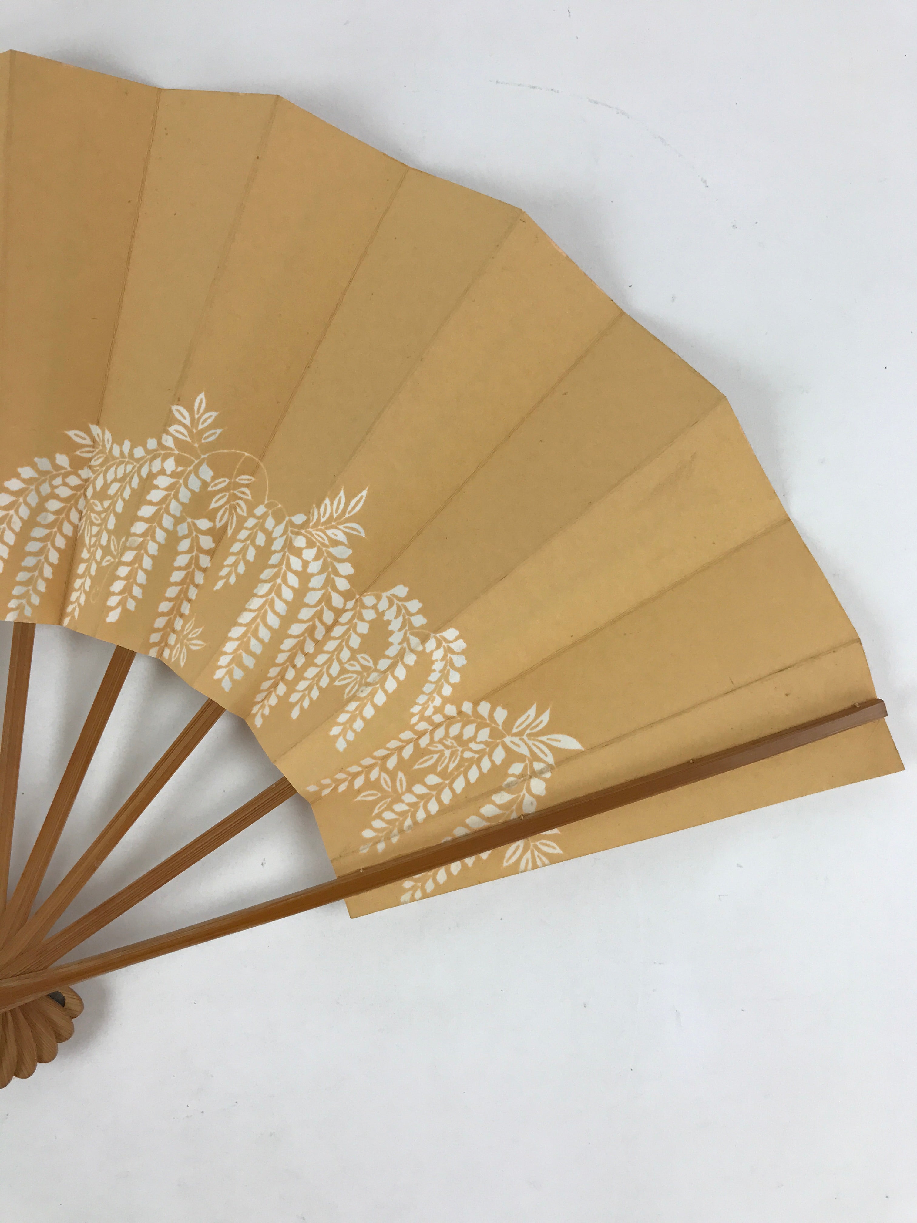 Japanese Folding Fan Vtg Sensu Yellow Fabric Bamboo Frame Komeda