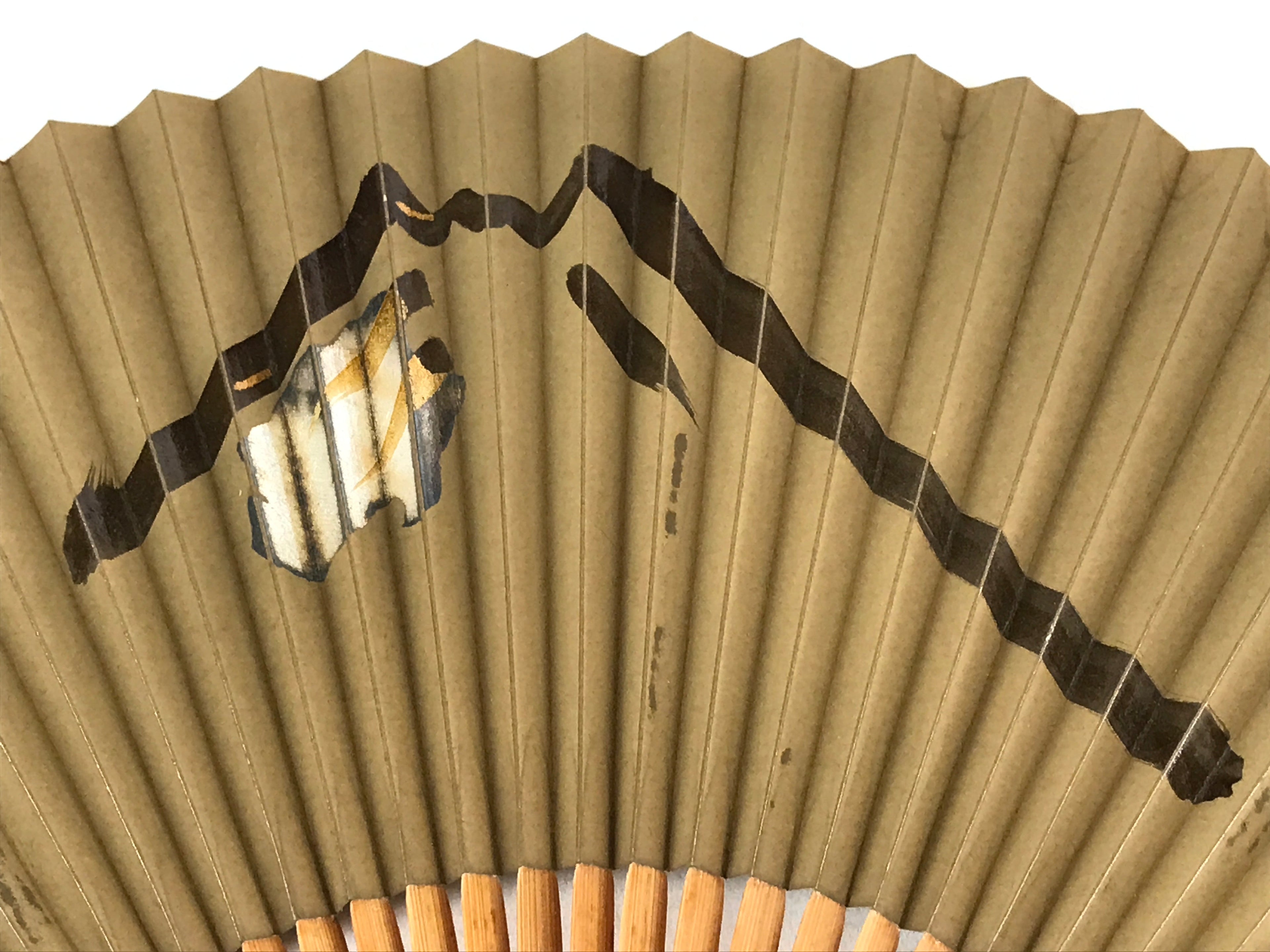 Japanese Folding Fan Sensu Bamboo Frame Mountain Brown Kanji Orange Seal 4D677