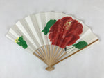 Japanese Folding Fan Sensu Bamboo Frame Red Flower W/ Black Stand 4D691