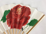 Japanese Folding Fan Sensu Bamboo Frame Red Flower W/ Black Stand 4D691