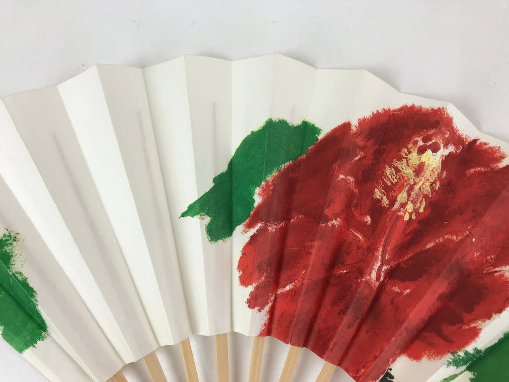 Japanese Folding Fan Sensu Bamboo Frame Red Flower W/ Black Stand 4D691