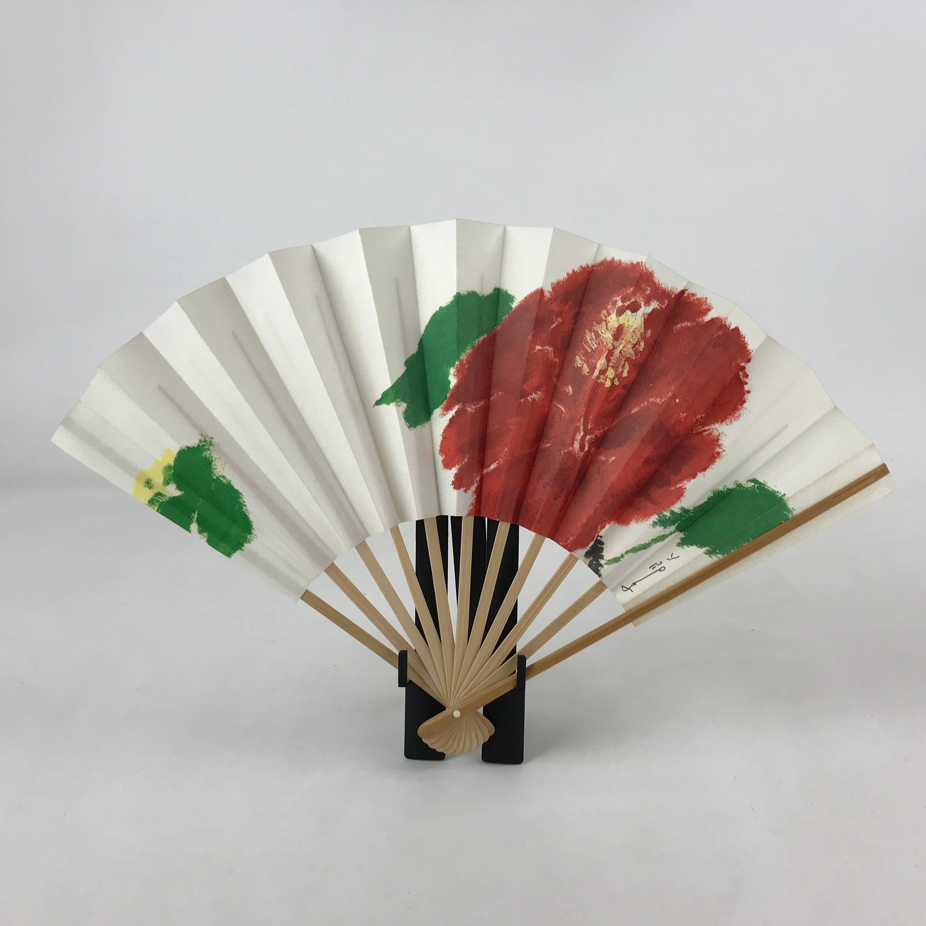 Japanese Folding Fan Sensu Bamboo Frame Red Flower W/ Black Stand 4D691