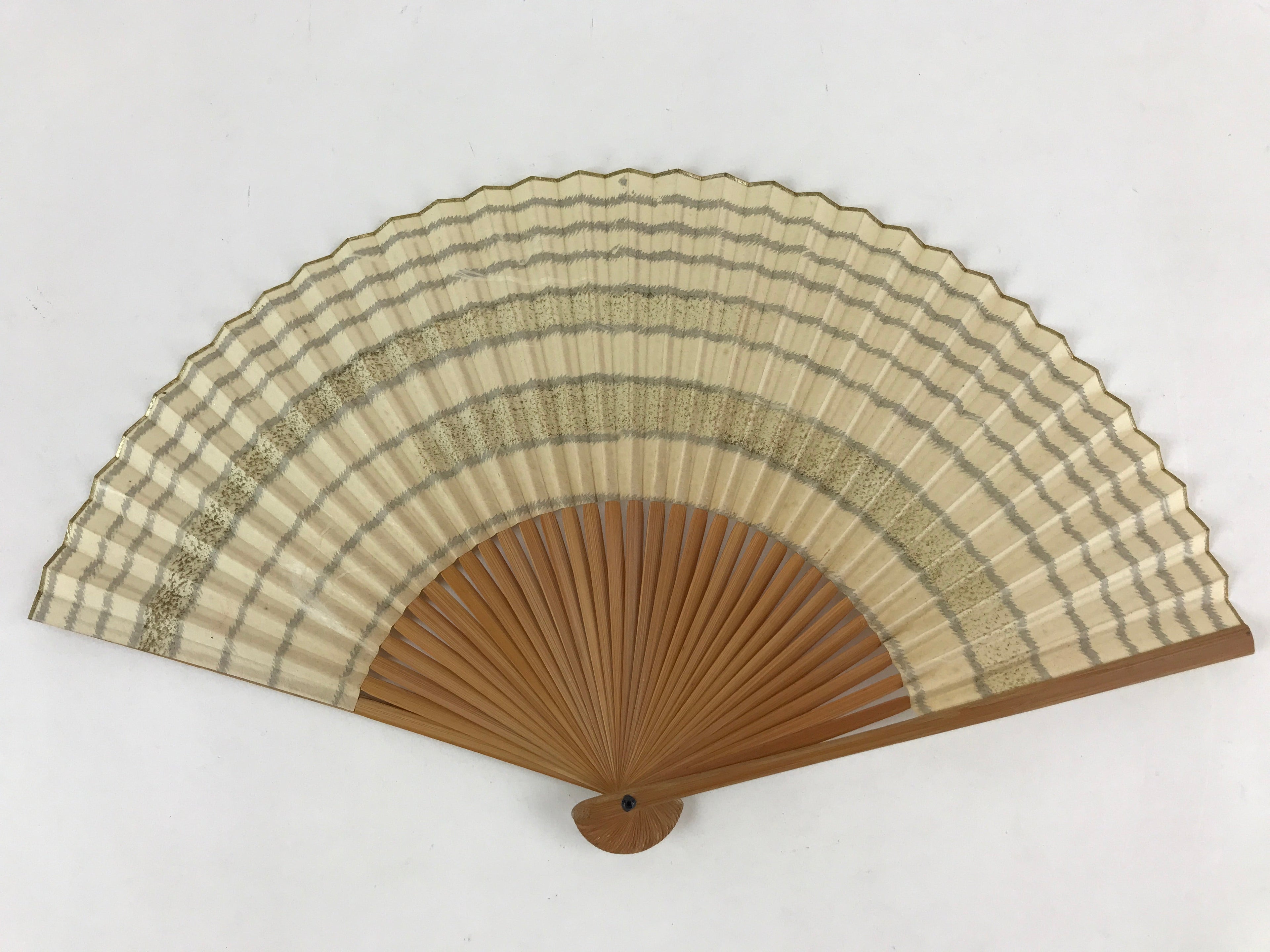Japanese Folding Fan Sensu Bamboo Frame Sparkles Lines Cream Beige Gray 4D667