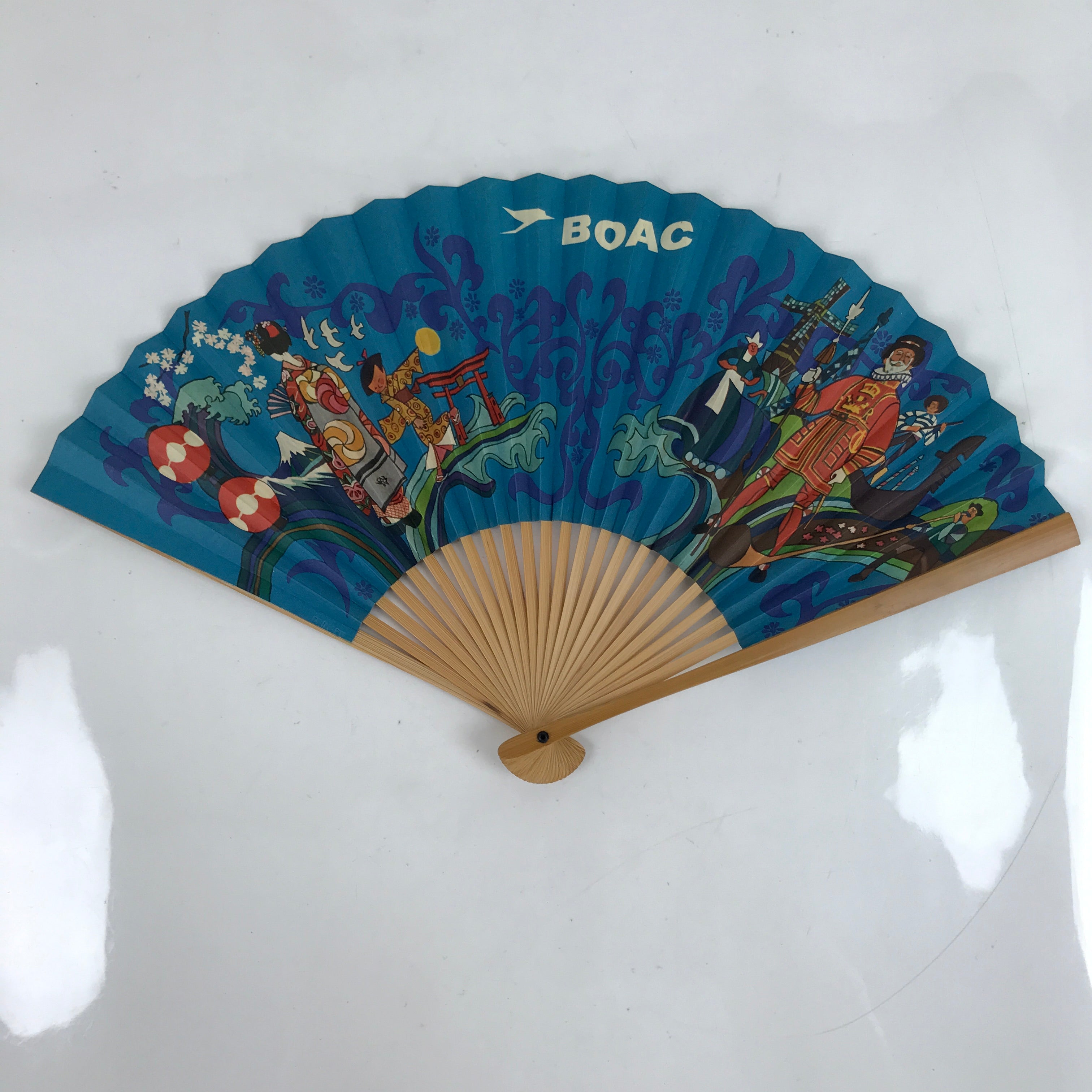 Japanese Folding Fan Sensu Bamboo Frame Vtg 1970 BOAC Airline Promotional 4D839