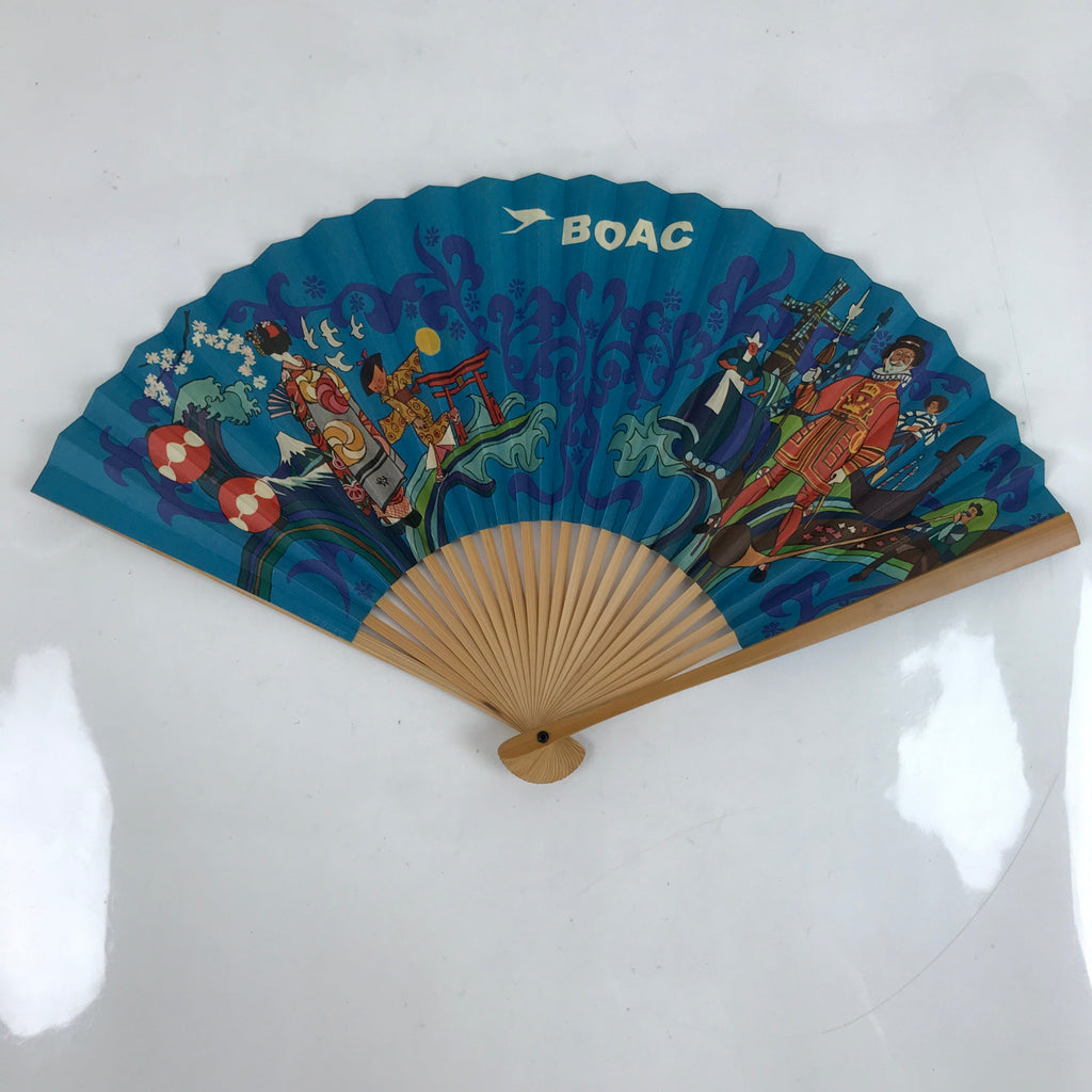Japanese Folding Fan Sensu Bamboo Frame Vtg 1970 BOAC Airline Promotional 4D839