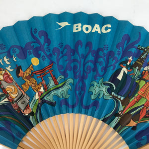 Japanese Folding Fan Sensu Bamboo Frame Vtg 1970 BOAC Airline Promotional 4D839