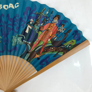 Japanese Folding Fan Sensu Bamboo Frame Vtg 1970 BOAC Airline Promotional 4D839