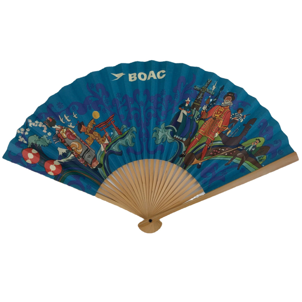 Japanese Folding Fan Sensu Bamboo Frame Vtg 1970 BOAC Airline Promotional 4D839