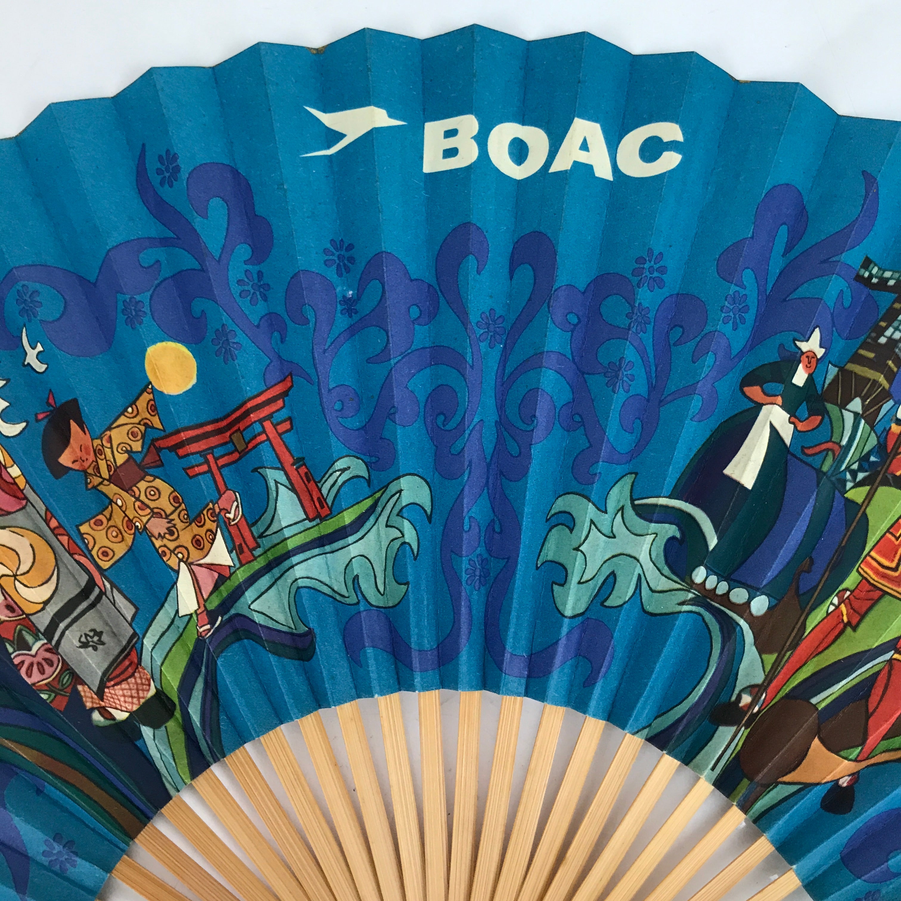 Japanese Folding Fan Sensu Bamboo Frame Vtg 1970 BOAC Airline Promotional 4D856