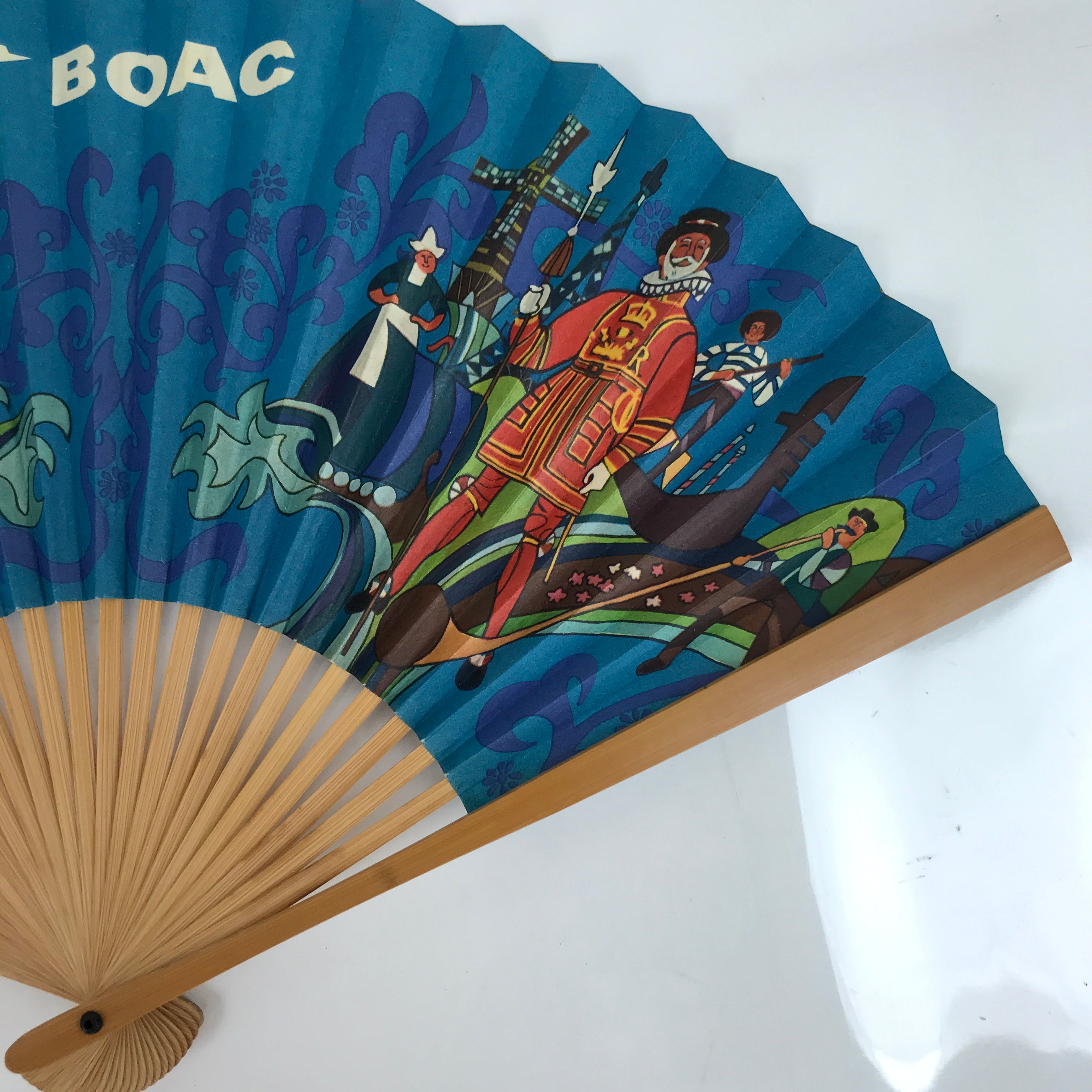 Japanese Folding Fan Sensu Bamboo Frame Vtg 1970 BOAC Airline Promotional 4D856