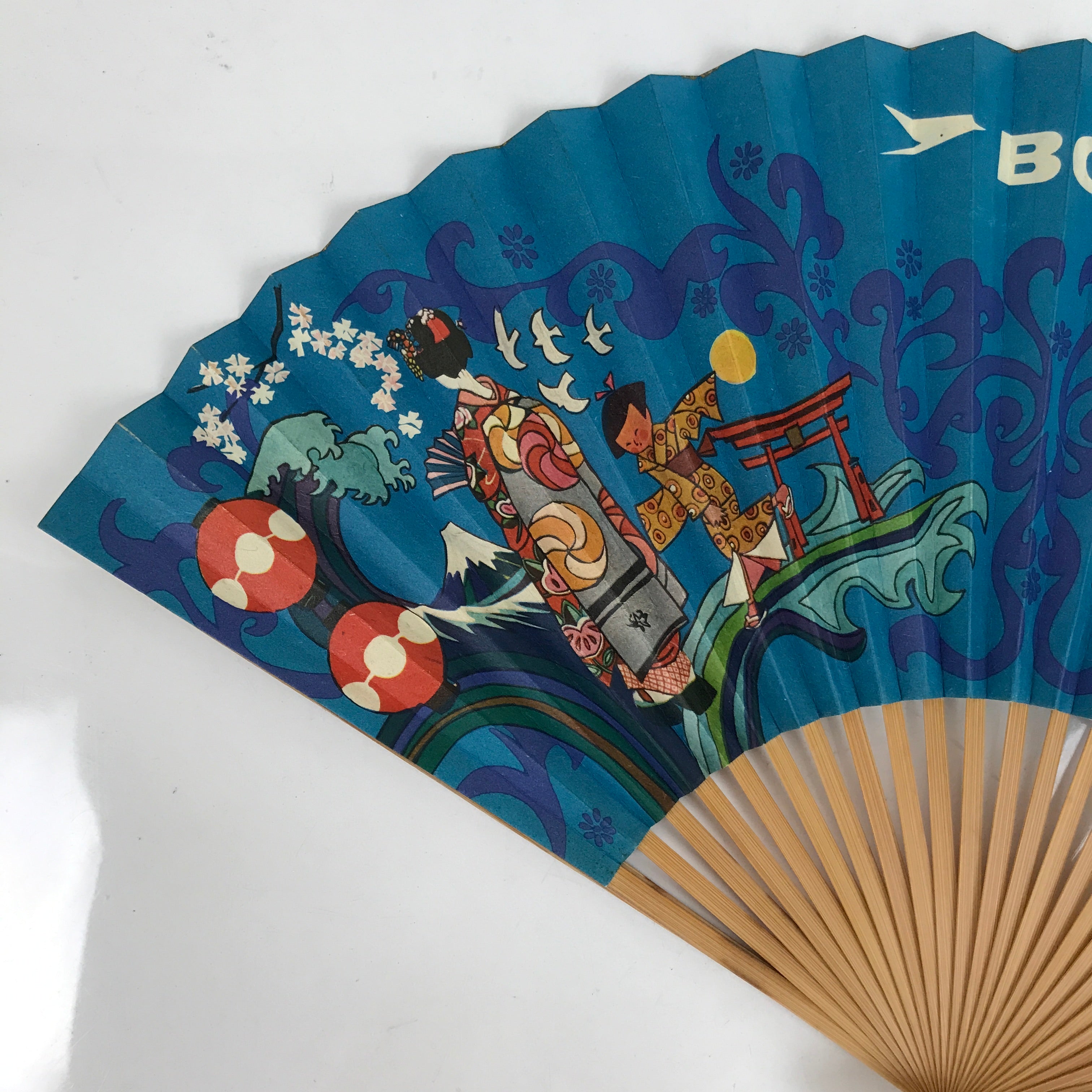 Japanese Folding Fan Sensu Bamboo Frame Vtg 1970 BOAC Airline Promotional 4D856