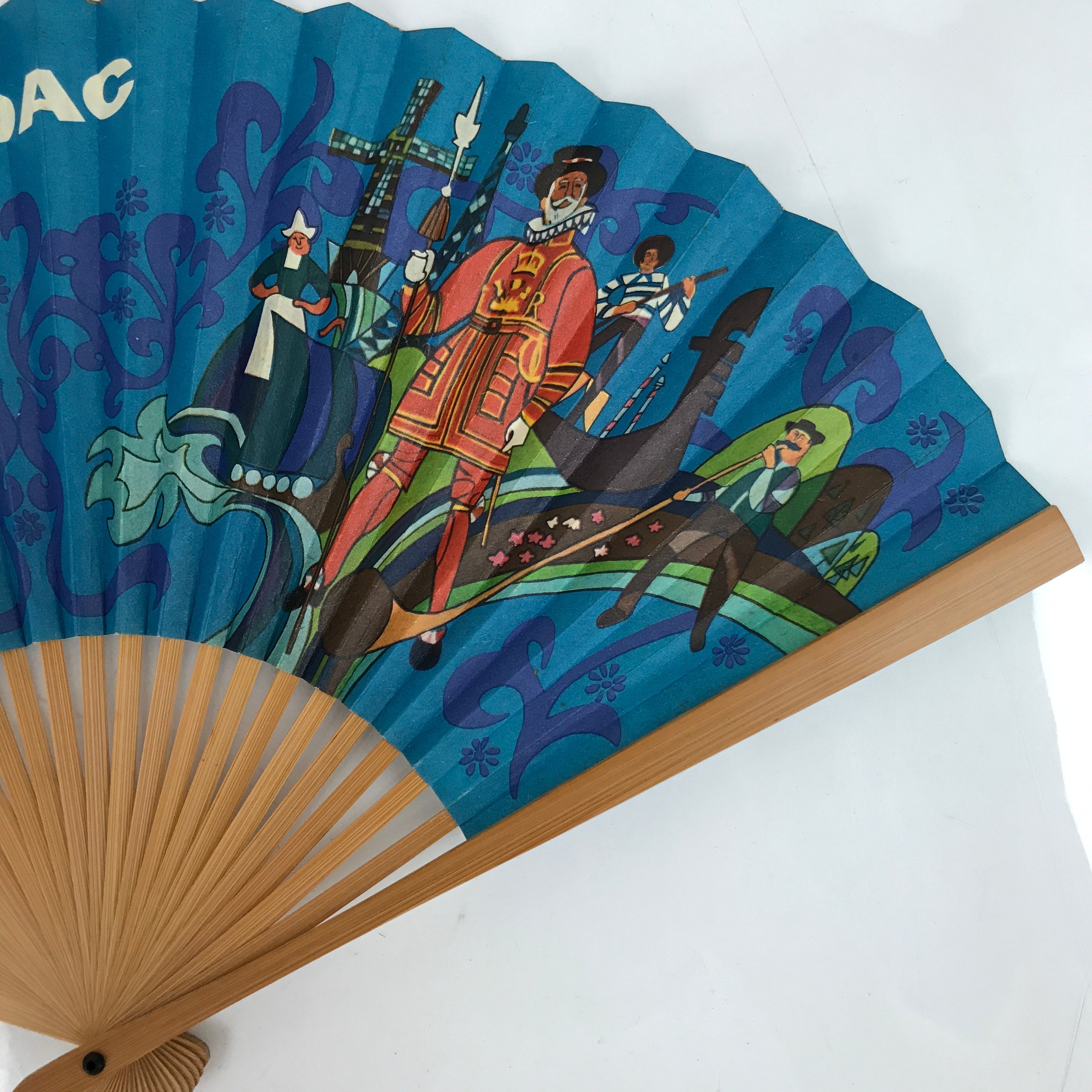 Japanese Folding Fan Sensu Bamboo Frame Vtg 1970 BOAC Airline Promotional 4D856