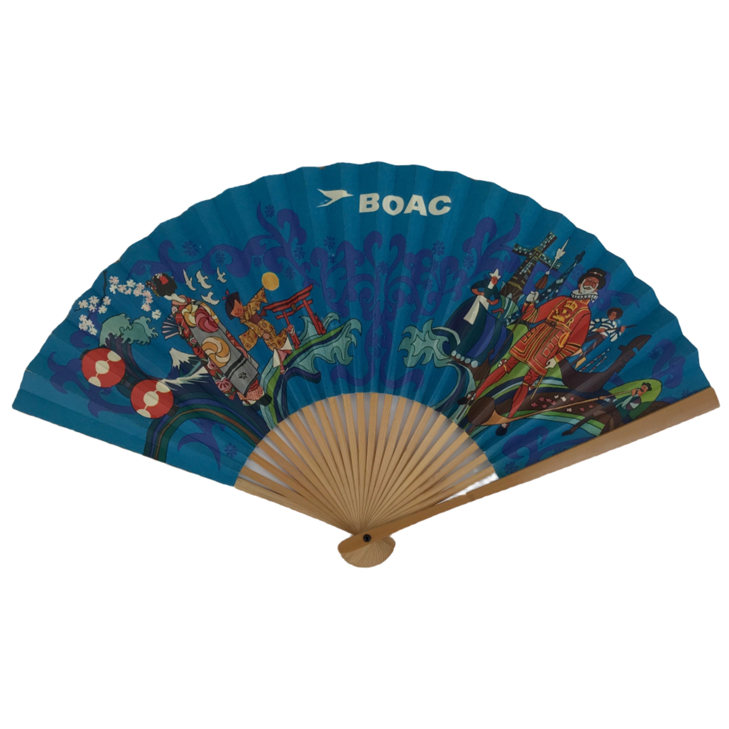 Japanese Folding Fan Sensu Bamboo Frame Vtg 1970 BOAC Airline Promotional 4D856