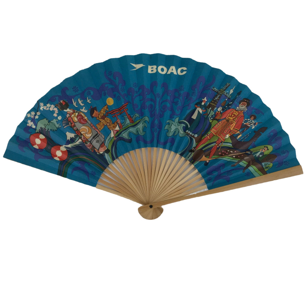 Japanese Folding Fan Sensu Bamboo Frame Vtg 1970 BOAC Airline Promotional 4D863