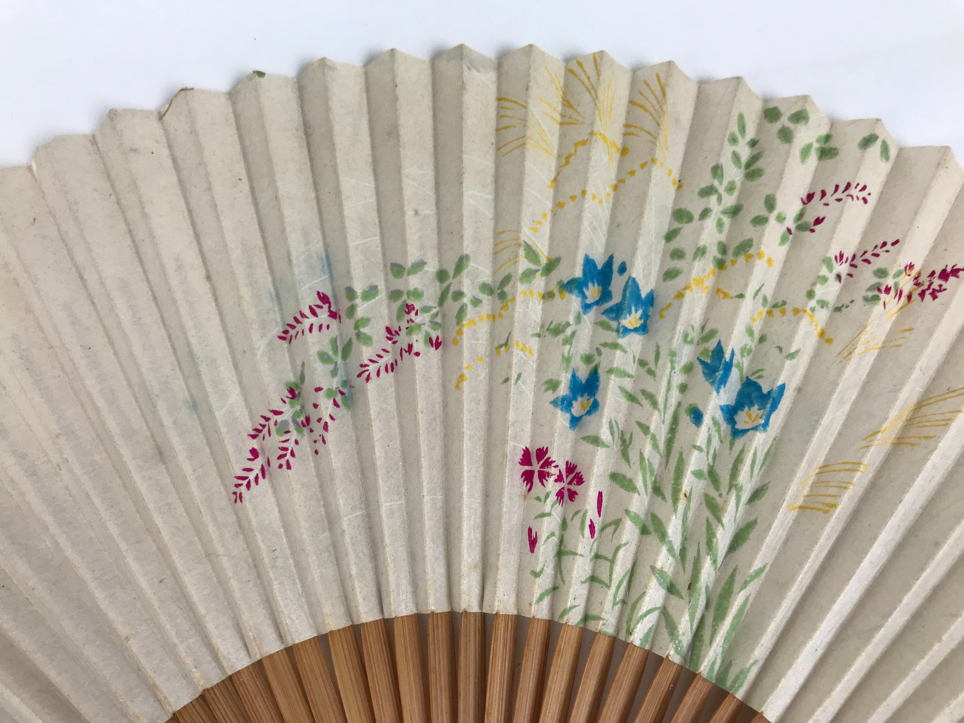 Japanese Folding Fan Sensu Vtg Bamboo Frame 4 Seasons Flowers Color Pink 4D943