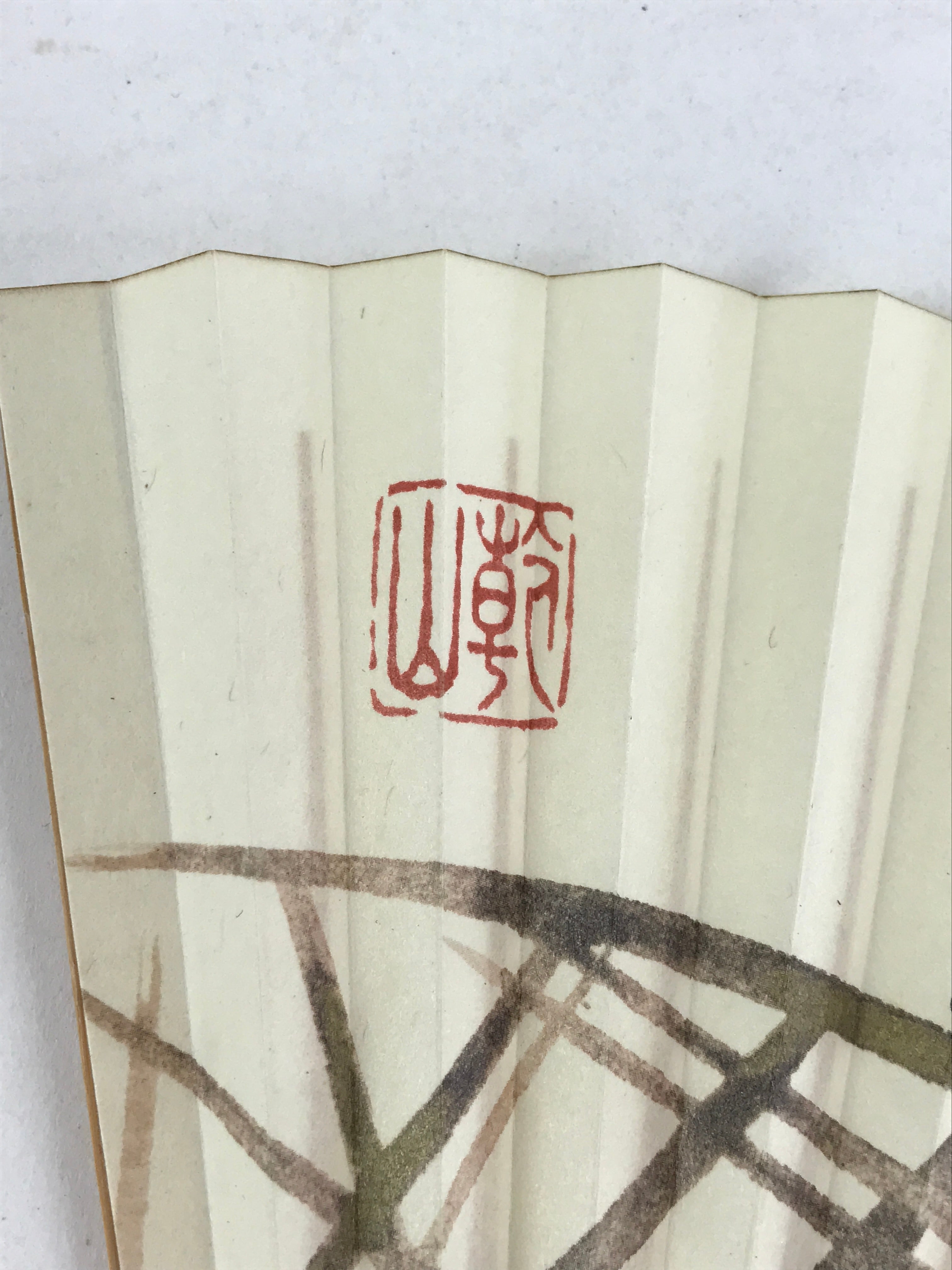 Japanese Folding Fan Sensu Vtg Bamboo Frame Birds White Blue Brown Seal 4D688