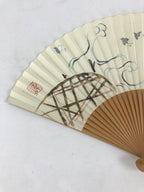 Japanese Folding Fan Sensu Vtg Bamboo Frame Birds White Blue Brown Seal 4D688