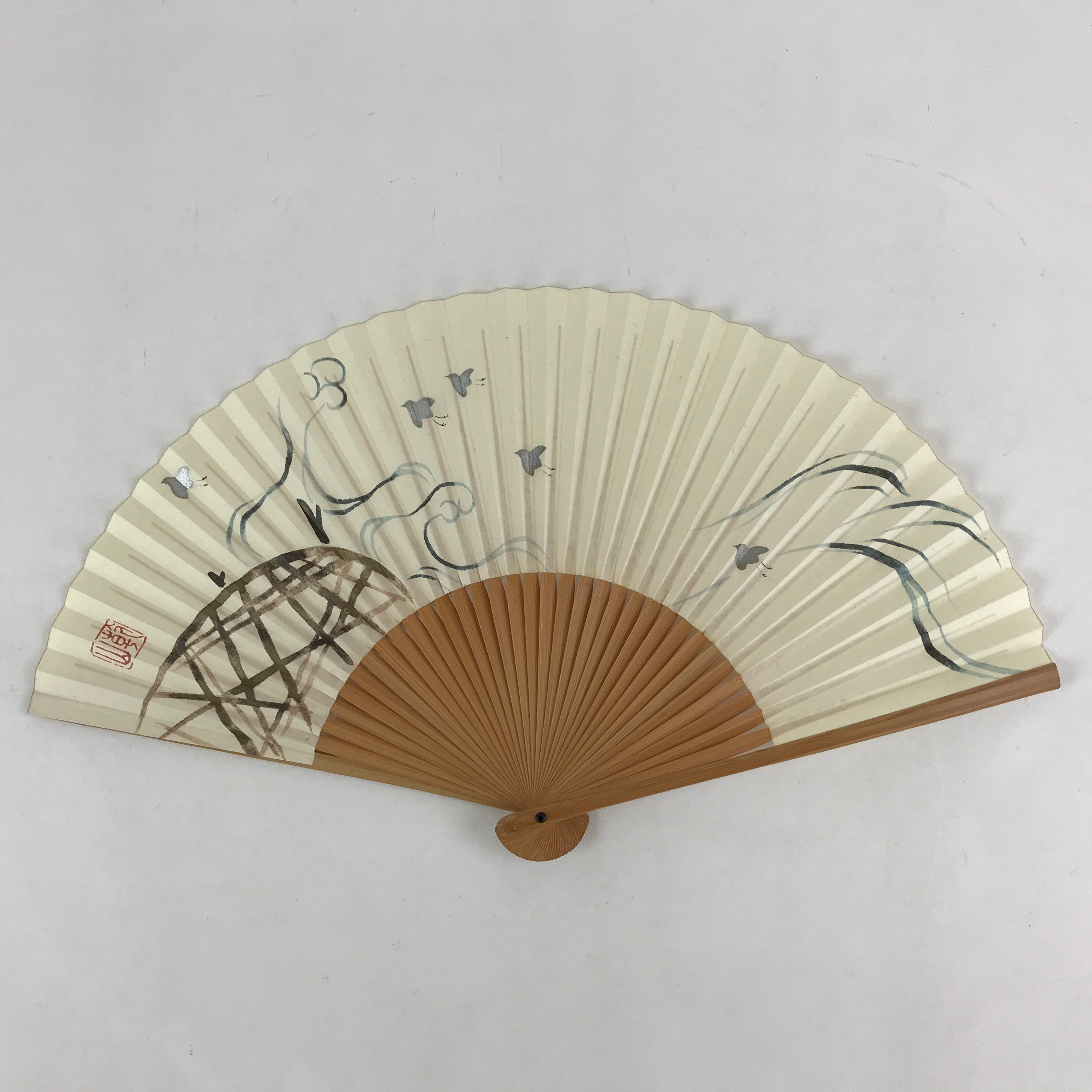 Japanese Folding Fan Sensu Vtg Bamboo Frame Birds White Blue Brown Seal 4D688
