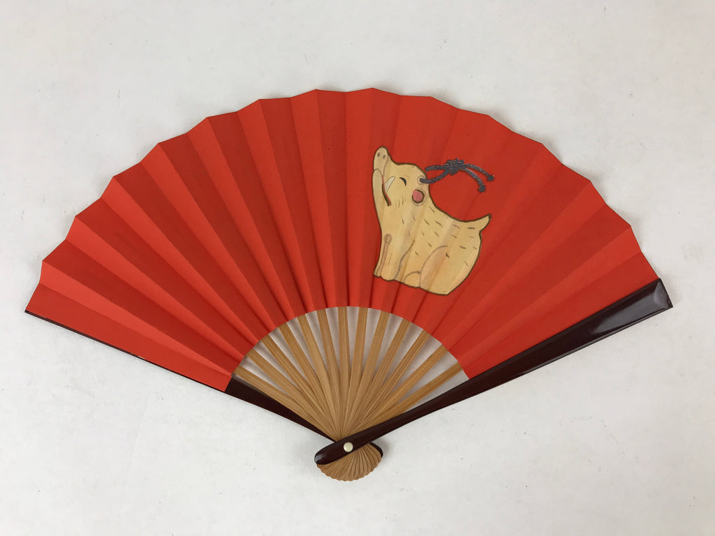 Japanese Folding Fan Sensu Vtg Bamboo Frame Boar Zodiac Animals Red W/ Box 4D711