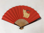 Japanese Folding Fan Sensu Vtg Bamboo Frame Boar Zodiac Animals Red W/ Box 4D711