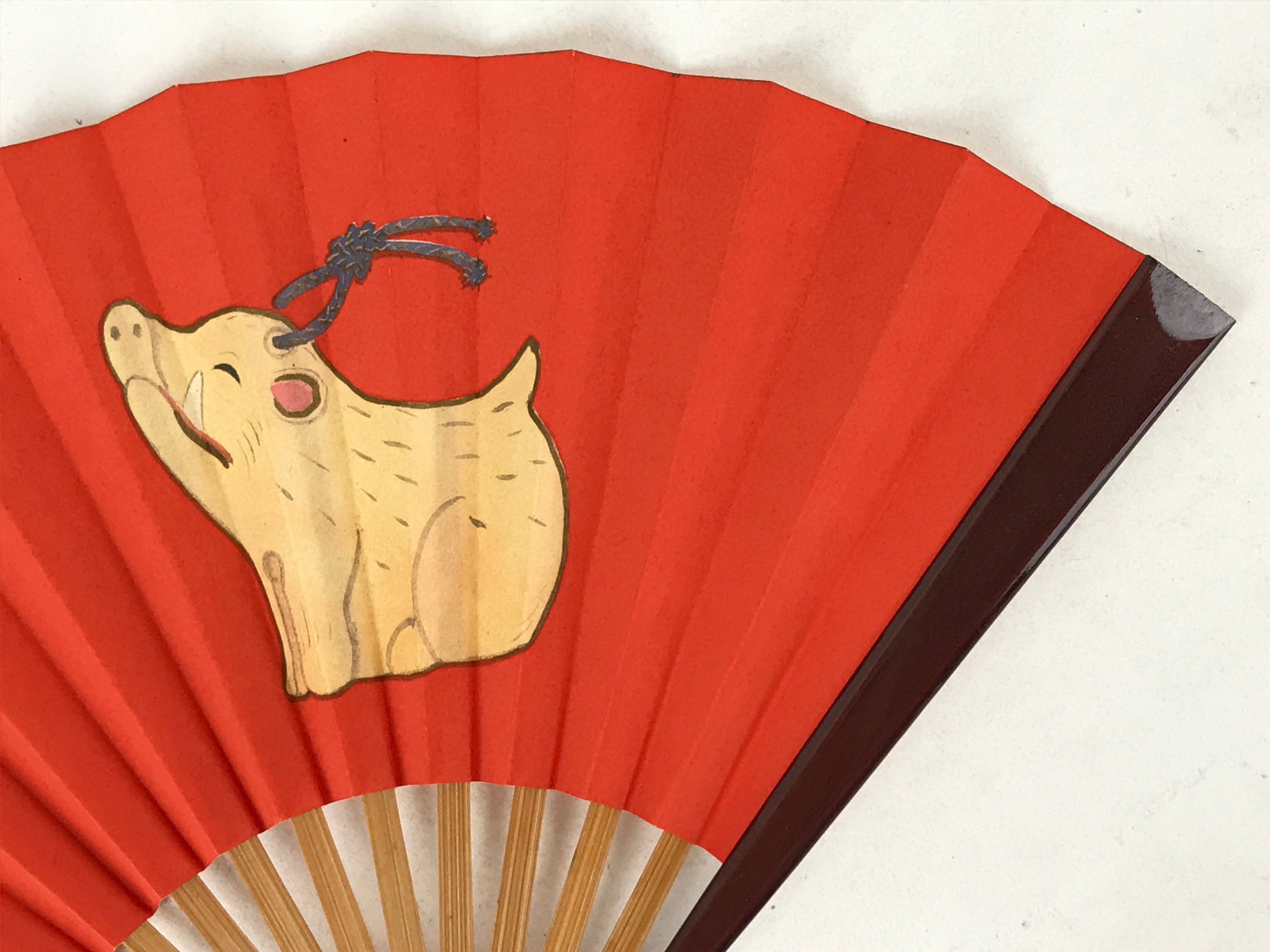 Japanese Folding Fan Sensu Vtg Bamboo Frame Boar Zodiac Animals Red W/ Box 4D711