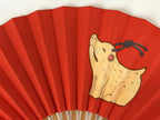 Japanese Folding Fan Sensu Vtg Bamboo Frame Boar Zodiac Animals Red W/ Box 4D711