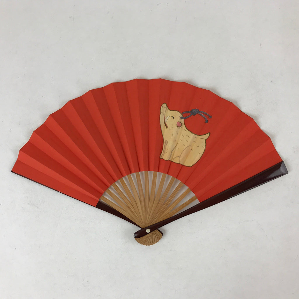 Japanese Folding Fan Sensu Vtg Bamboo Frame Boar Zodiac Animals Red W/ Box 4D711