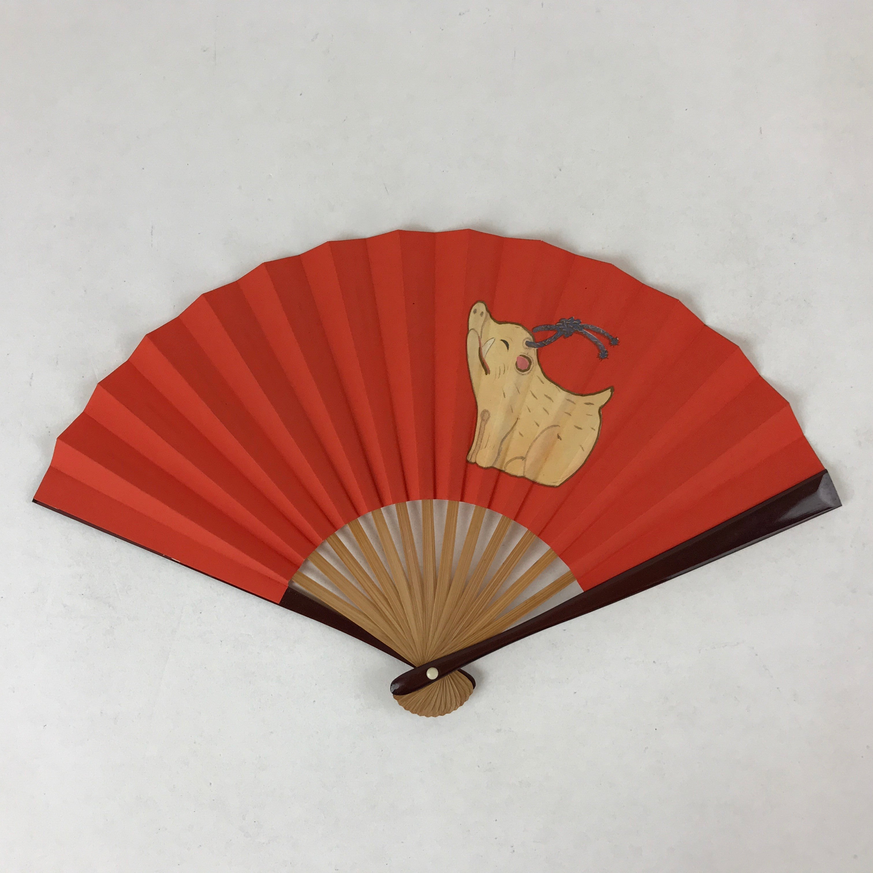 Japanese Folding Fan Sensu Vtg Bamboo Frame Boar Zodiac Animals Red W/ Box 4D711
