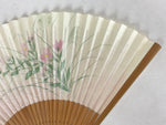 Japanese Folding Fan Sensu Vtg Bamboo Frame Campanula Kikyo Beige Pink 4D747