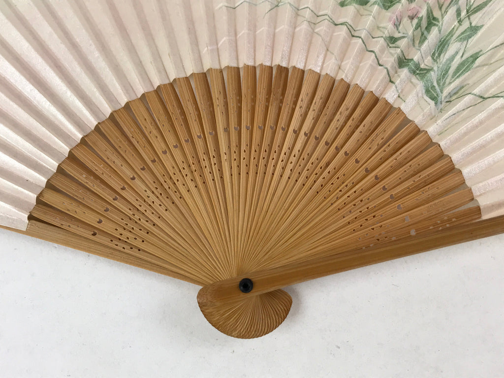 Japanese Folding Fan Sensu Vtg Bamboo Frame Campanula Kikyo Beige Pink 4D747
