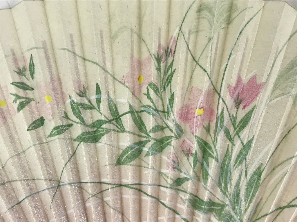 Japanese Folding Fan Sensu Vtg Bamboo Frame Campanula Kikyo Beige Pink 4D747