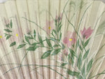 Japanese Folding Fan Sensu Vtg Bamboo Frame Campanula Kikyo Beige Pink 4D747