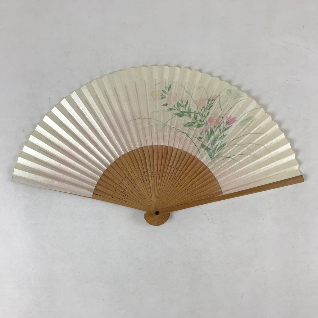Japanese Folding Fan Sensu Vtg Bamboo Frame Campanula Kikyo Beige Pink 4D747