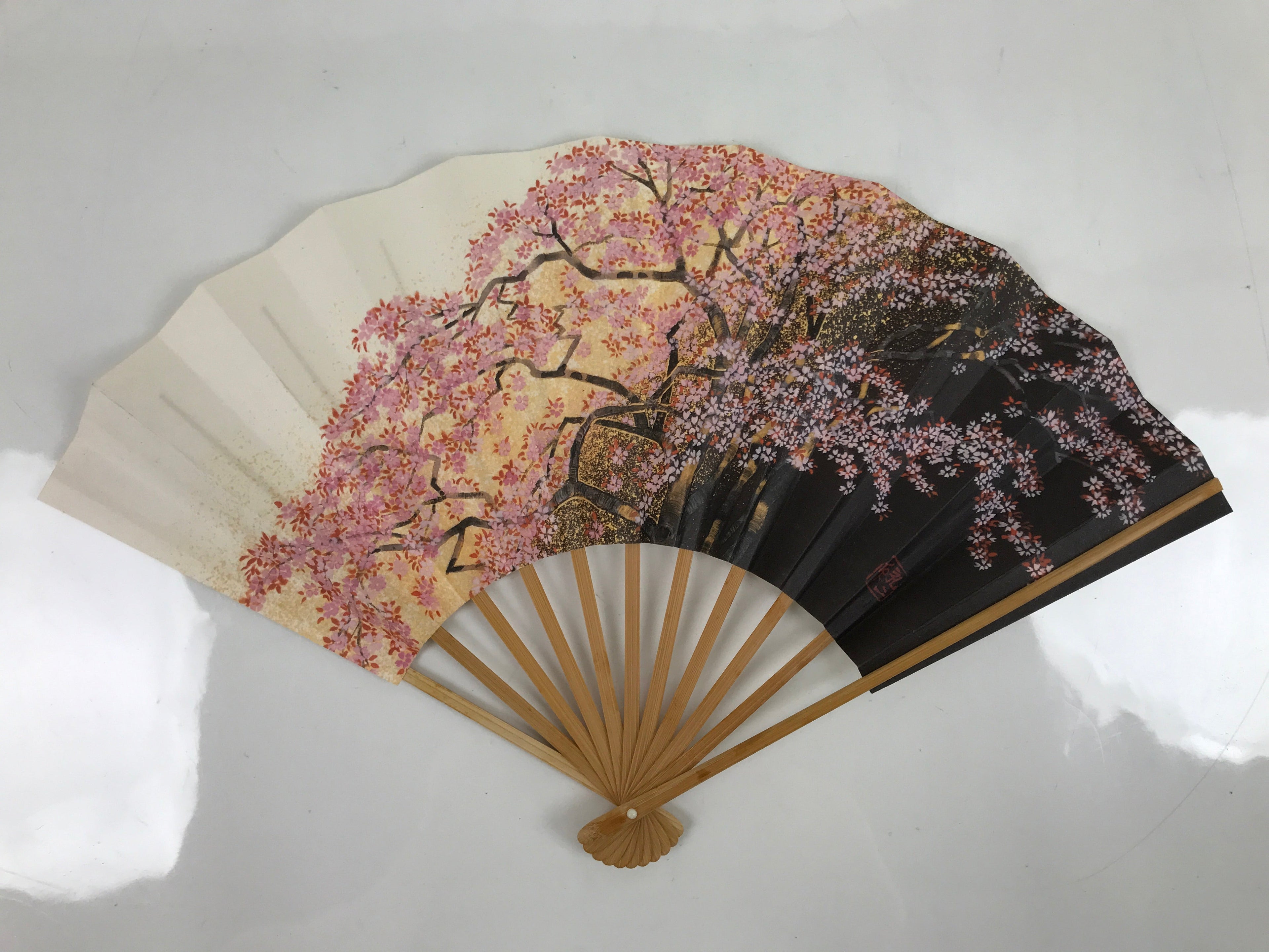 Japanese Folding Fan Sensu Vtg Bamboo Frame Cherry Blossoms Pink 4D796
