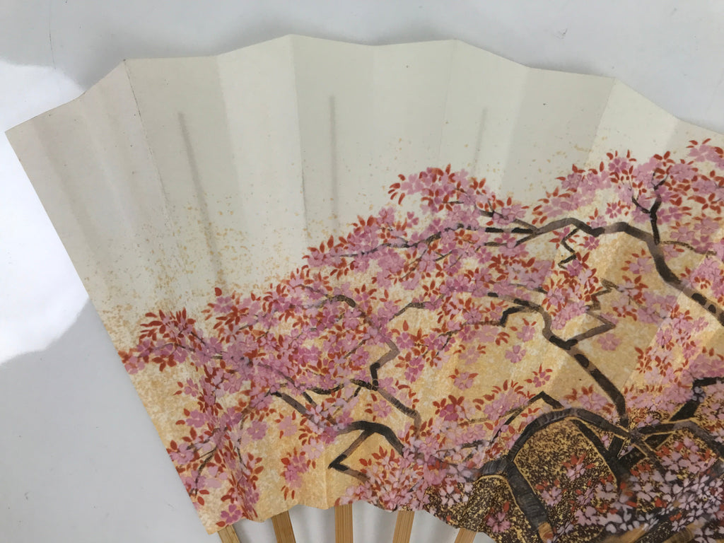 Japanese Folding Fan Sensu Vtg Bamboo Frame Cherry Blossoms Pink 4D796