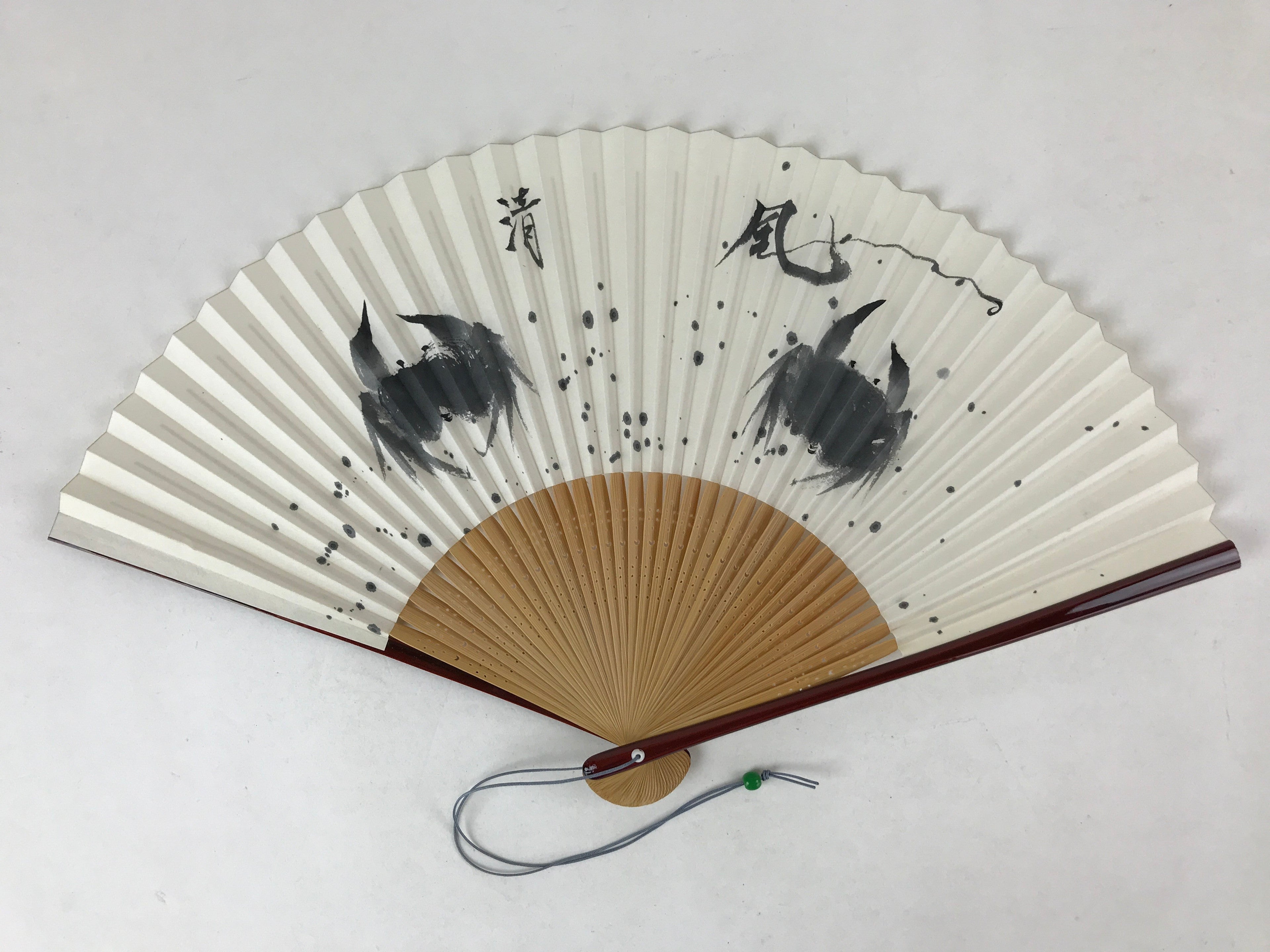 Japanese Folding Fan Sensu Vtg Bamboo Frame Crabs Summer White Black Boxed 4D704