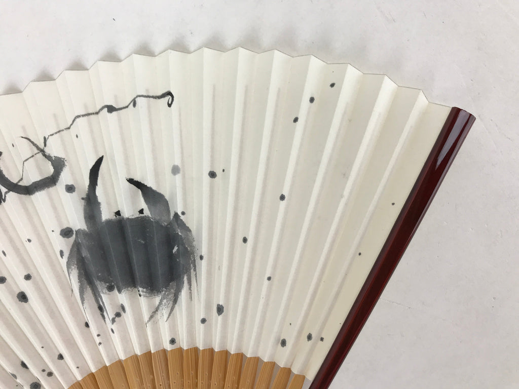 Japanese Folding Fan Sensu Vtg Bamboo Frame Crabs Summer White Black Boxed 4D704