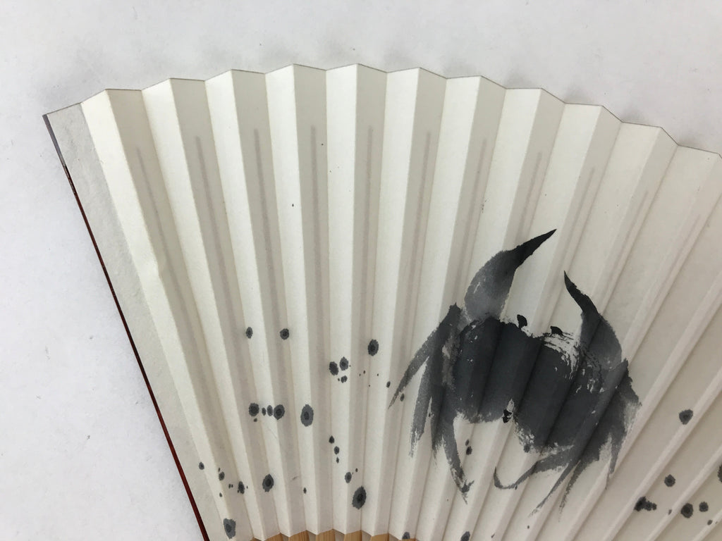 Japanese Folding Fan Sensu Vtg Bamboo Frame Crabs Summer White Black Boxed 4D704
