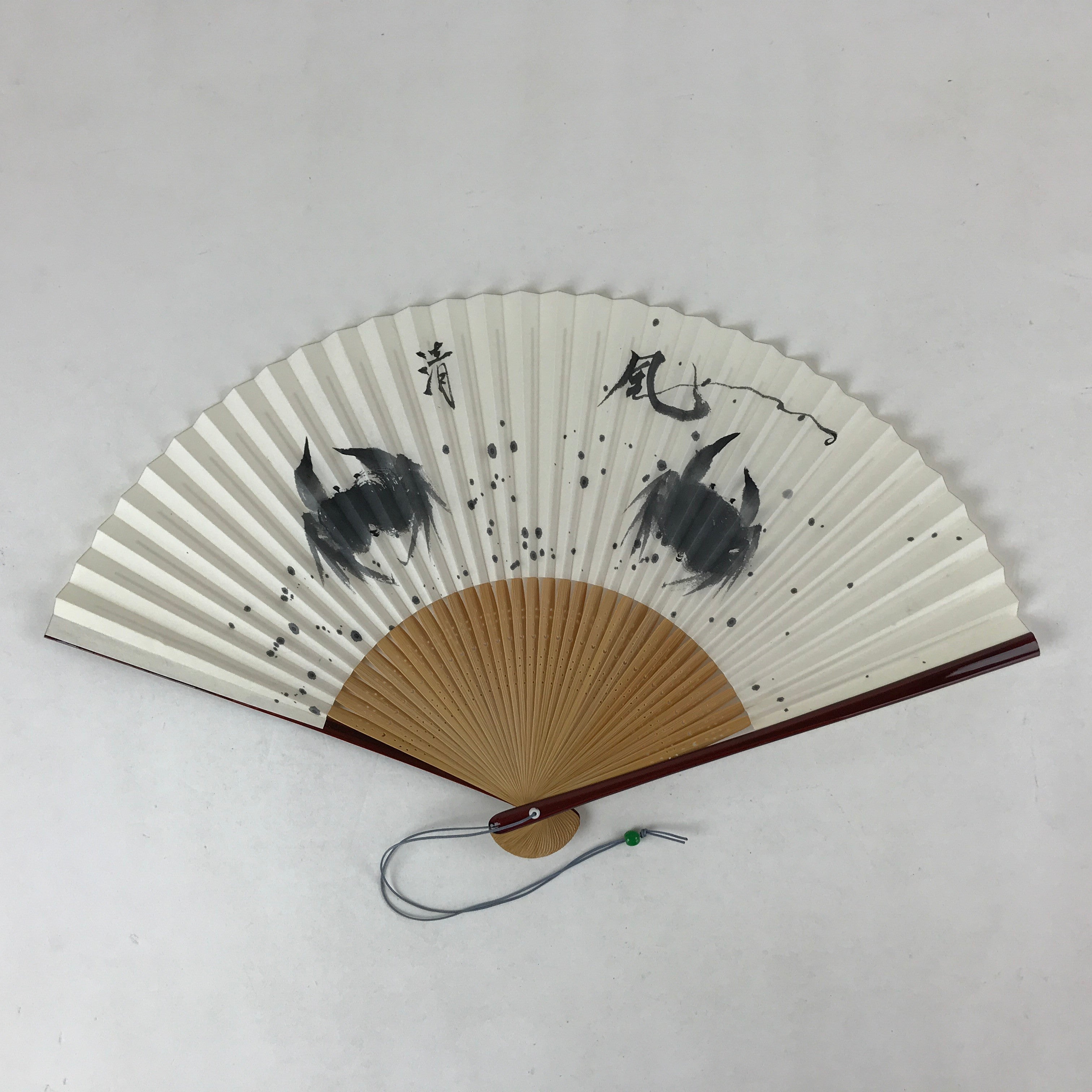 Japanese Folding Fan Sensu Vtg Bamboo Frame Crabs Summer White Black Boxed 4D704