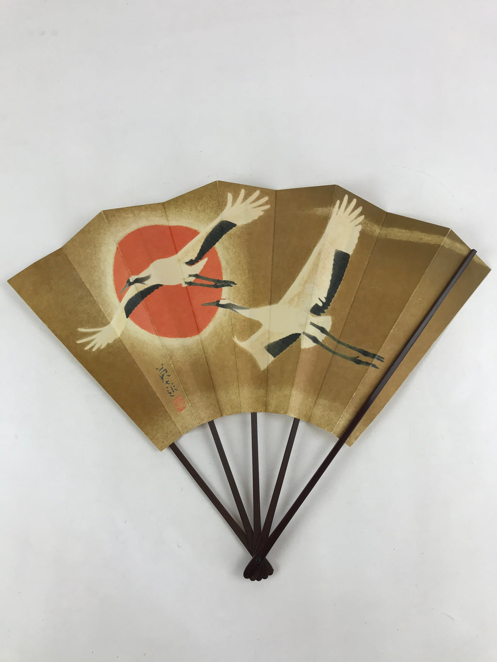 Japanese Folding Fan Sensu Vtg Bamboo Frame Cranes Gold Kanji Red Seal 4D689