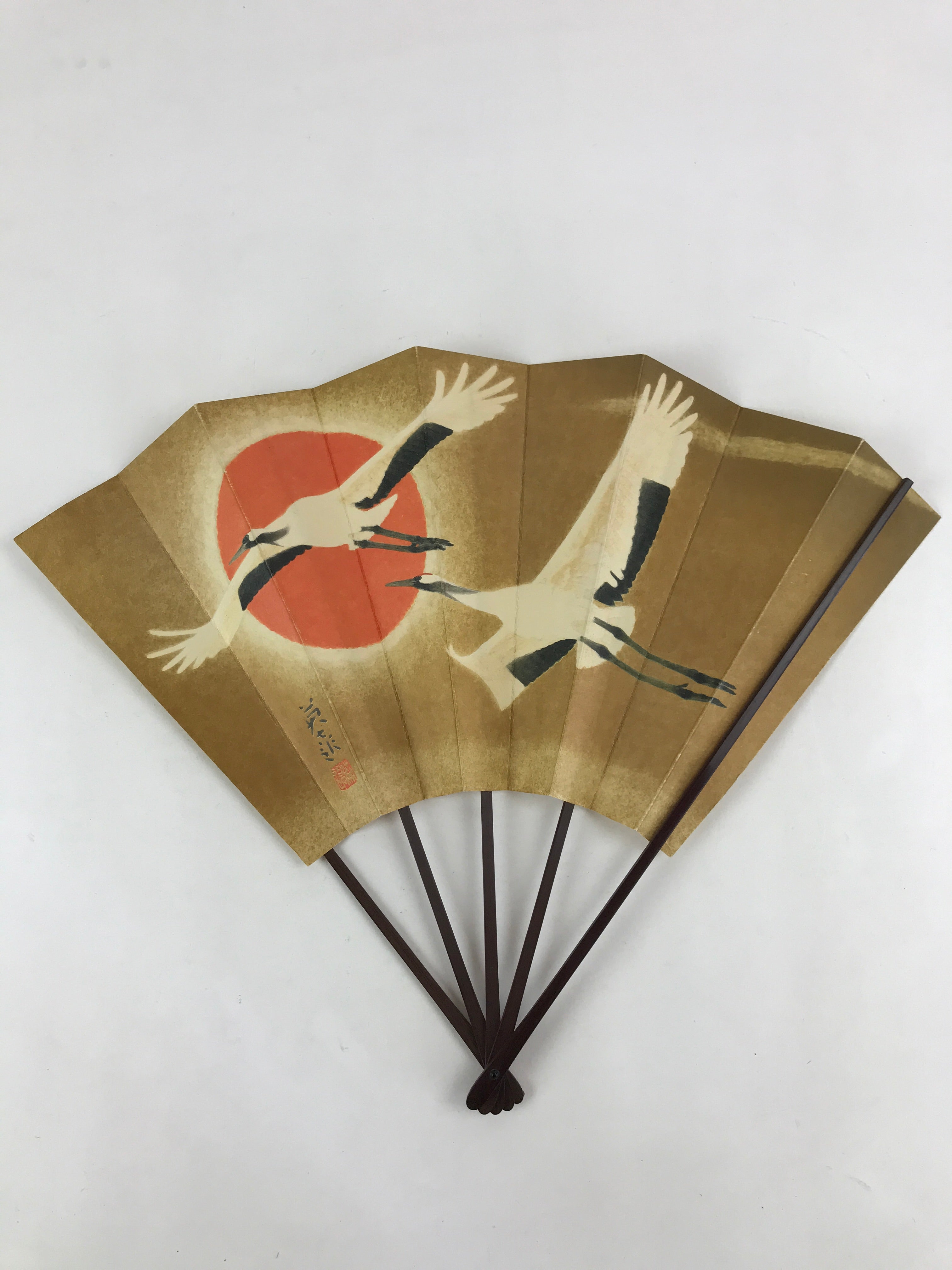 Japanese Folding Fan Sensu Vtg Bamboo Frame Cranes Gold Kanji Red Seal 4D689