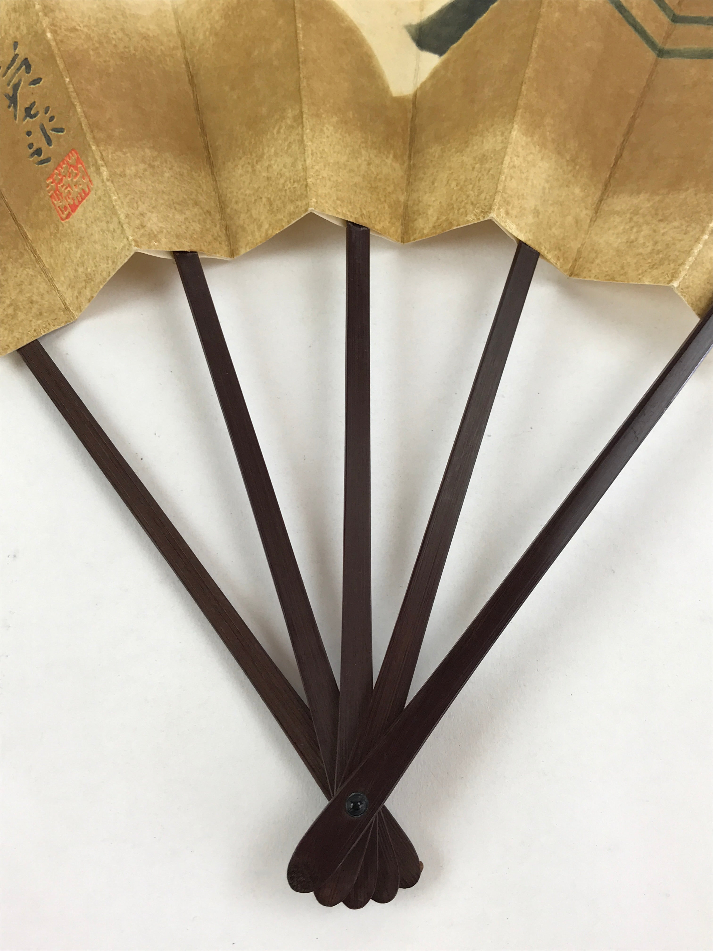 Japanese Folding Fan Sensu Vtg Bamboo Frame Cranes Gold Kanji Red Seal 4D689