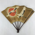 Japanese Folding Fan Sensu Vtg Bamboo Frame Cranes Gold Kanji Red Seal 4D689