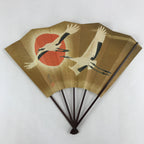 Japanese Folding Fan Sensu Vtg Bamboo Frame Cranes Gold Kanji Red Seal 4D689