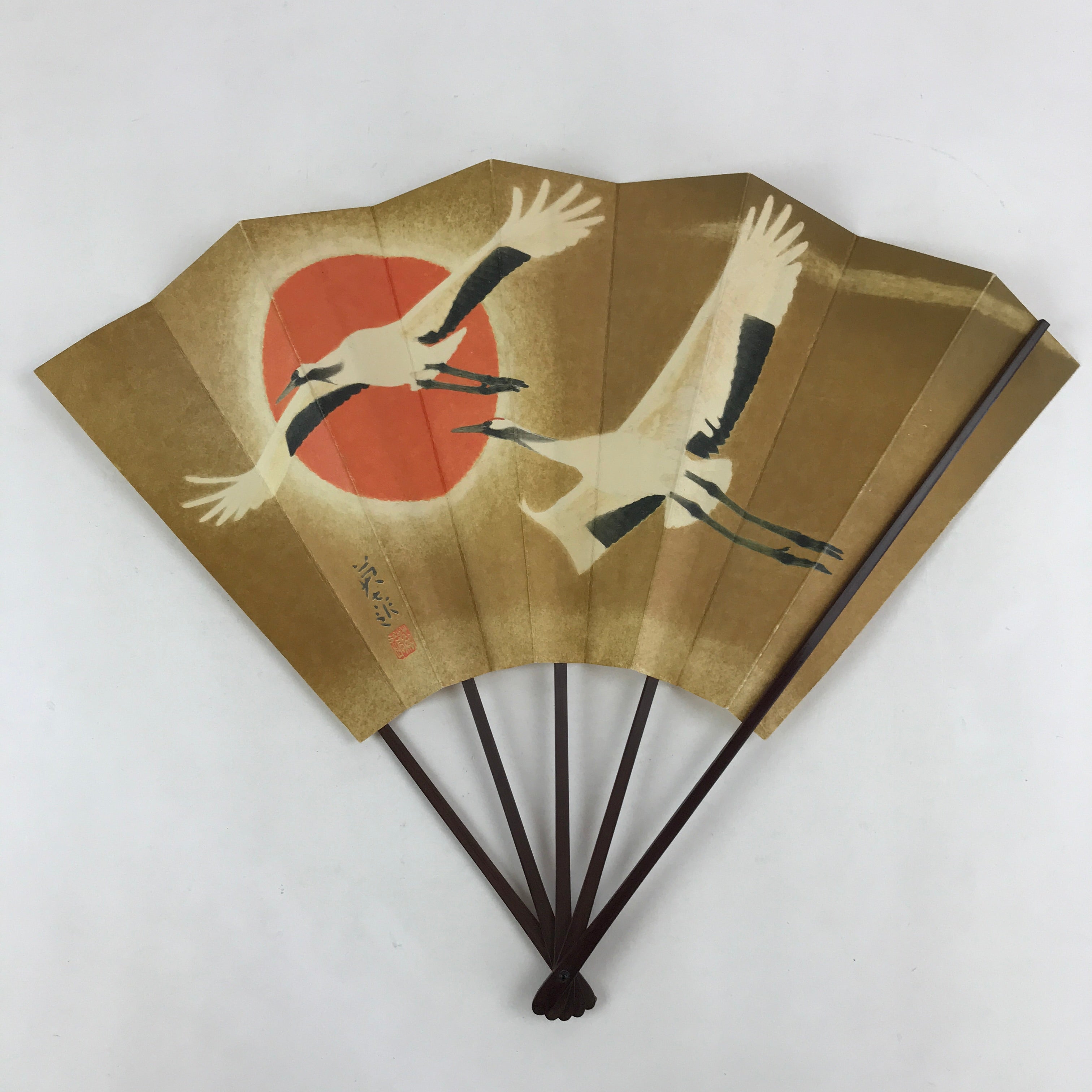 Japanese Folding Fan Sensu Vtg Bamboo Frame Cranes Gold Kanji Red Seal 4D689