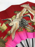 Japanese Folding Fan Sensu Vtg Bamboo Frame Cranes Lucky Red Gold Pink 4D639